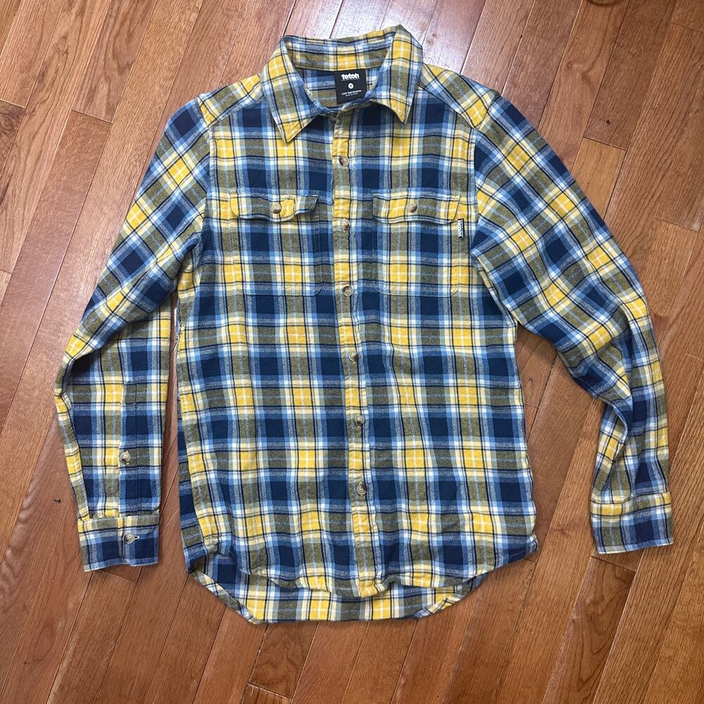 Men's Teton Gravity  Yellow Blue Flannel Button Up Casual Shirt S